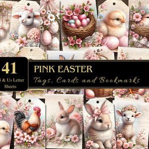 Roze paaskaarten, bladwijzers en tags | A4 en US Letter | Voorraad ongewenste tijdschriften | Tag | Kaart | Bladwijzer | Afdrukbaar blad | Scrapbooken