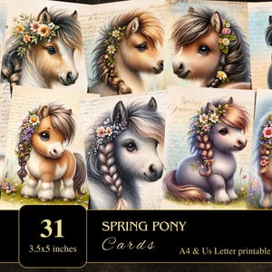 Tarjetas de poni de primavera / Hojas imprimibles en formato JPEG / Alta resolución / Suministros para revistas basura / Scrapbooking / Tarjeta de poni con caballo /