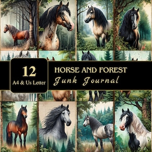 Páginas de diario basura de caballos y bosques / Carta de EE. UU. y A4 / Material imprimible / Decoupage / Scrapbooking / Gráficos / Digital / Caballos Efímeros