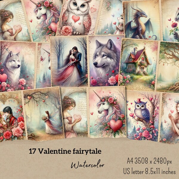 17 Valentine Fairytale junk journal  | Us letter and A4 | 300dpi | junk journal pages | scrapbooking | decoupage | card making |