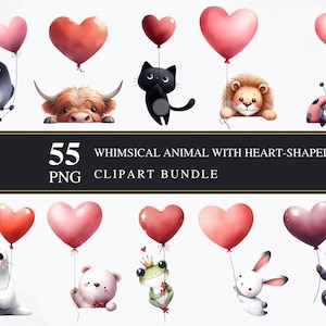 Animal Caprichoso com Balão em Forma de Coração | Comercial | Gráficos para Impressão | Criação de Cartões | Sublimação | Decoupage | Digital | Pacote PNG
