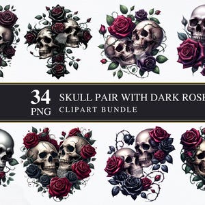 Paire de têtes de mort avec roses foncées | Clipart PNG | Commerciale | Graphiques imprimables | Fabrication de cartes | Sublimation | Découpage | Numérique | Gothique | PNG