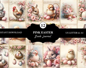 12 Pink Easter journal pages | US letter & A4 | printable  | 300dpi | scrapbooking | junk journal supply |