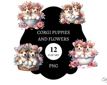 12 Corgi Puppies And Flowers Clipart | Transparent PNG | Commercial License | Printable | Card Making | Corgi Dog Pngs |