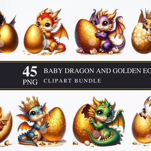 Bebé dragón y huevo dorado / Clipart PNG / Comercial / Gráficos imprimibles / Creación de tarjetas / Sublimación / Decoupage / Digital / Dragones / PNG