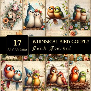 Páginas de diario basura de pareja de pájaros caprichosos / Tamaño carta y A4 / Material / Decoupage / Scrapbooking / Gráficos / Digital / Imprimible / Efímera
