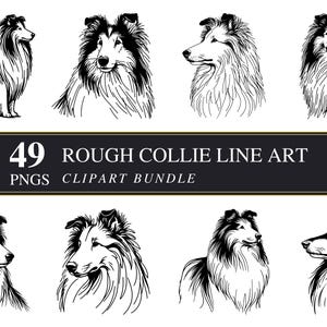 Arte lineal de Rough Collie / Clipart PNG / Uso comercial / Imprimible / Fabricación de tarjetas / Sublimación / Decoupage / Gráficos digitales