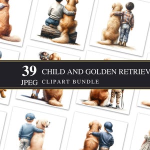 Niño y golden retriever / Imágenes prediseñadas en formato JPEG / Alta calidad / Imprimible / Scrapbooking / Comercial / Perro / Fabricación de tarjetas / Decoupage / Arte
