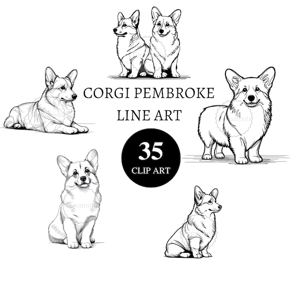 35 Corgi Pembroke line art | clipart | transparent png | High resolution | card making | junk journal | scrapbooking | decoupage