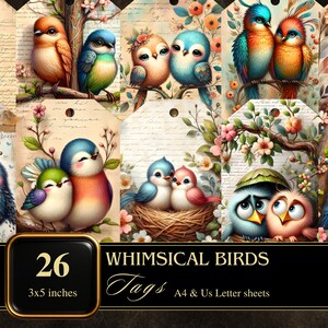 Etiquetas de pájaros caprichosos / Etiqueta imprimible / Material para diario basura / Scrapbooking / Descarga instantánea / Pareja de pájaros / Digital / Manualidades con etiquetas / Gráficos
