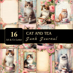 Páginas de diario basura de gatos y té / Tamaño carta de EE. UU. y A4 / Material imprimible / Decoupage / Scrapbooking / Gráficos / Digital / Efímeras de gatos