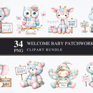 Willkommen Baby Patchwork | Clipart PNG | Gewerblich | Druckbare Grafiken | Kartengestaltung | Sublimationsdruck | Serviettentechnik | Transparentes PNG | Digital
