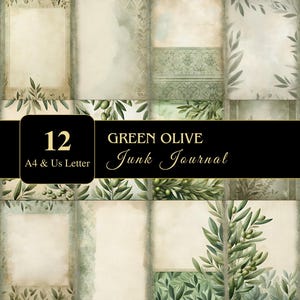 Páginas de diário de lixo verde-oliva | Carta dos EUA e A4 | Material para impressão | Decoupage | Ephemera | Scrapbooking