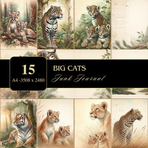 大きな猫 | A4 | ジャンクジャーナル | カード作り | スクラップブッキング | ペーパークラフト | 印刷可能なエフェメラ | 野生の猫 | デコパージュ