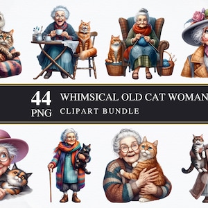 Vieille dame lunatique de chat | Clipart PNG | Commerciale | Graphiques imprimables | Fabrication de cartes | Sublimation | Découpage | Numérique | Femme | PNG