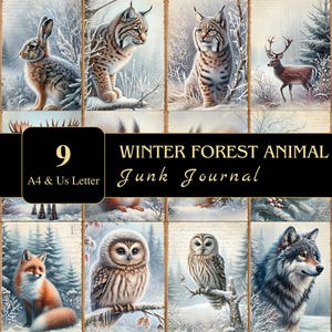 Páginas de diario basura con animales del bosque invernal / Carta de EE. UU. y A4 / Material imprimible / Decoupage / Scrapbooking / Gráficos / Digital / Efímera