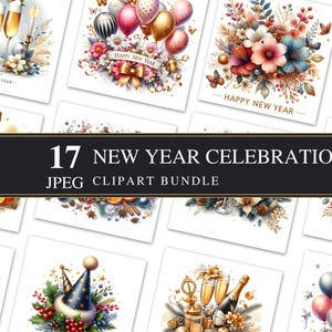 Celebração de Ano Novo | Clipart | JPEG de alta qualidade | Imprimível | Scrapbooking | Comercial | Feliz Ano Novo | Criação de cartões | Decoupage