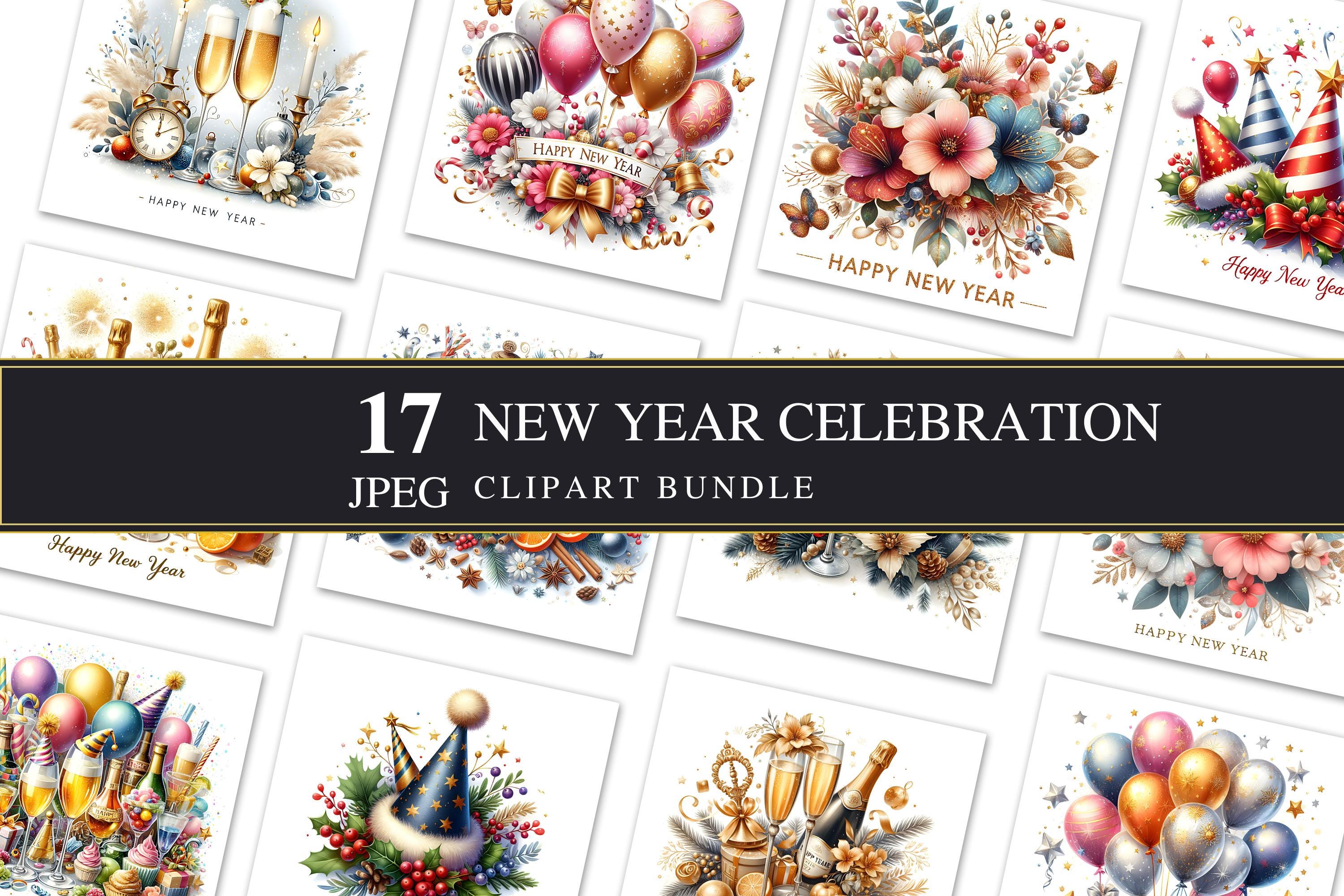 New Year Celebration | Clipart | High Quality JPEG | Printable | Scrapbooking | Commercial | Happy New Year | Card Making | Decoupage