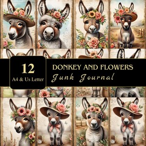 Páginas de diario basura de burro con flores / Carta de EE. UU. y A4 / Material imprimible / Decoupage / Scrapbooking / Gráficos / Digital / Efímera