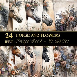 Cavallo e fiori / Ephemera / US Letter / Junk Journal / Scrapbooking / Artigianato di carta / Decoupage / Carta stampabile / Cavalli / Creazione di biglietti