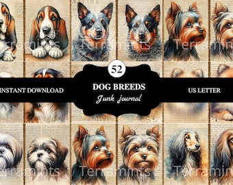 52 Dog breeds junk journal pages | Us letter | printable paper | 300dpi | scrapbooking | junk journal supply