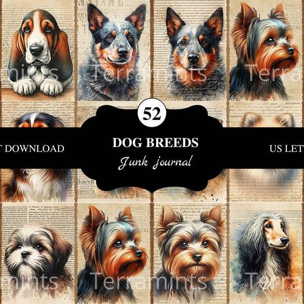 52 Dog breeds junk journal pages | Us letter | printable paper | 300dpi | scrapbooking | junk journal supply