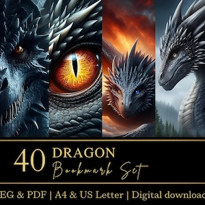 40 Dragon Bookmarks | Printable Tags | Fantasy Art | Sublimation PNGs | Junk Journal and Scrapbook Supply | Commercial Use | Book Lover Gift