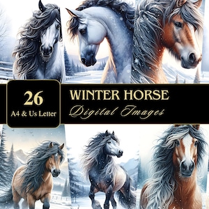 Caballo de invierno / Tamaño carta de EE. UU. y A4 / Imprimible / Digital / Decoupage / Scrapbooking / Fabricación de tarjetas / Arte mural / Junk Journal / Caballos / Gráficos