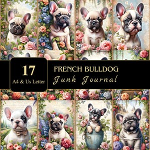 Páginas de diário de lixo de buldogue francês | Carta dos EUA e A4 | Suprimento | Decoupage | Scrapbooking | Gráficos | Papel digital | Para impressão | Ephemera |