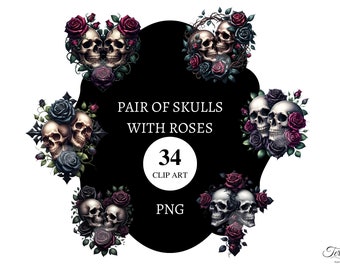 34 Pair of skulls with roses l Clipart | transparent png | Commercial license | printable | card making | pngs | digital