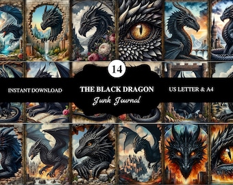 14 The Black Dragon Junk Journal Pages | US Letter & A4 | Printable Paper | High Resolution | Digital | Fantasy Art |