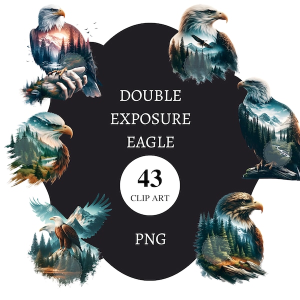 43 Double Exposure Eagle Clipart | transparent png | High resolution | card making | decoupage | art | graphic