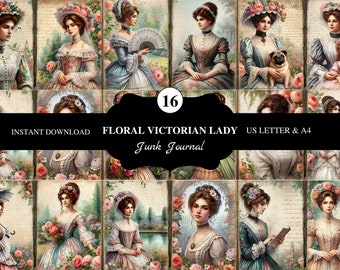 16 Floral victorian lady junk journal pages | US letter & A4 | printable | high resolution | digital | ephemera