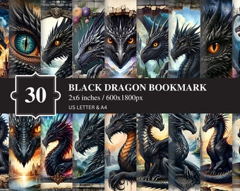 30 Black Dragon Bookmarks | Printable Bookmark | Junk Journal Supply | Scrapbooking | Dragons | Fantasy | Tags | Png