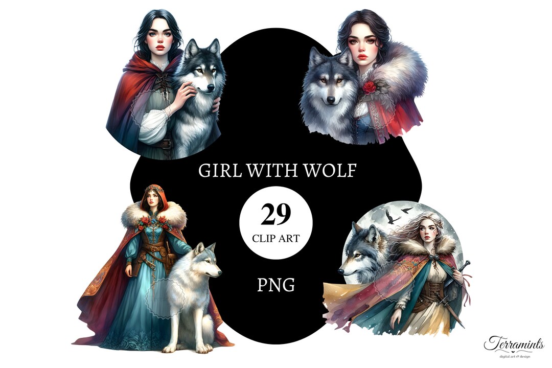 29 Girl With Wolf Clip Art Png and Jpeg High Resolution Card Making ...