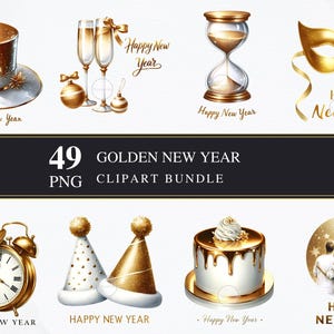 Año Nuevo Dorado / Clipart PNGS / Comercial / Gráficos imprimibles / Fabricación de tarjetas / Sublimación / Decoupage / Digital / Paquete PNG