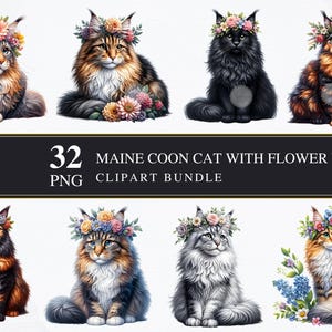 Maine Coon Katze mit Blumenkranz | Clipart PNG | Gewerblich | Druckbare Grafiken | Kartengestaltung | Sublimationsdruck | Serviettentechnik | Digital | PNG