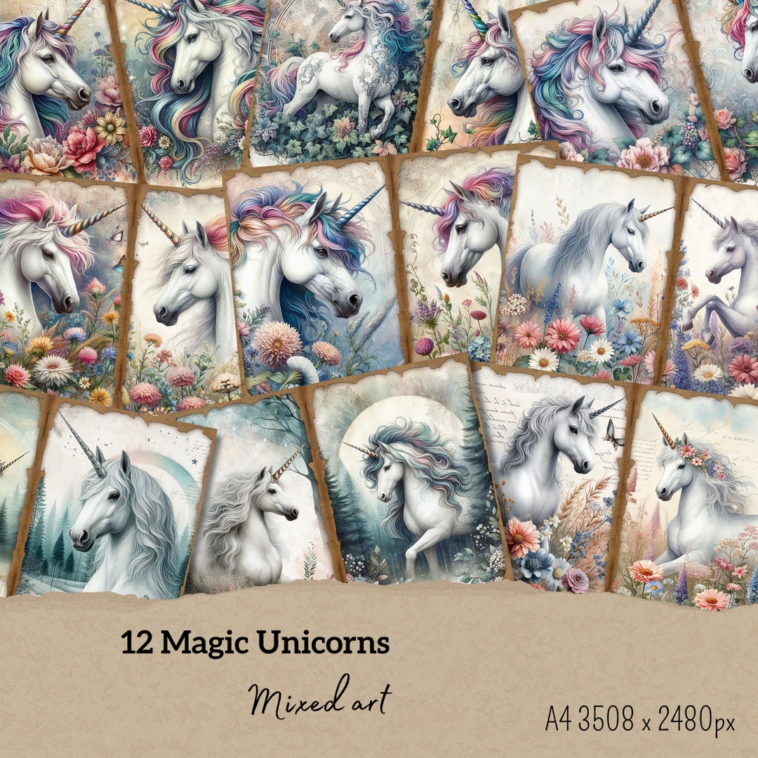 12 Magic Unicorn A4 Printable Paper High Resolution Junk Journal Scrapbooking Card Making - Etsy