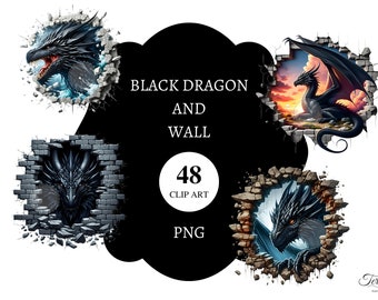 48 Black Dragon And Wall Clipart | Transparent PNG | Commercial License | Printable | Card Making | Dragon Pngs |