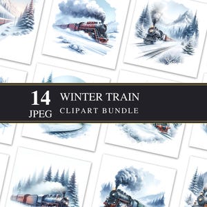Tren de invierno / Clipart / JPEG de alta calidad / Imprimible / Scrapbooking / Comercial / Gráficos / Fabricación de tarjetas / Decoupage / Paquete