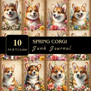 Páginas de diário de lixo de Corgi da primavera | Carta dos EUA e A4 | Material para impressão | Decoupage | Scrapbooking | Gráficos | Digital | Ephemera | Cães Corgi