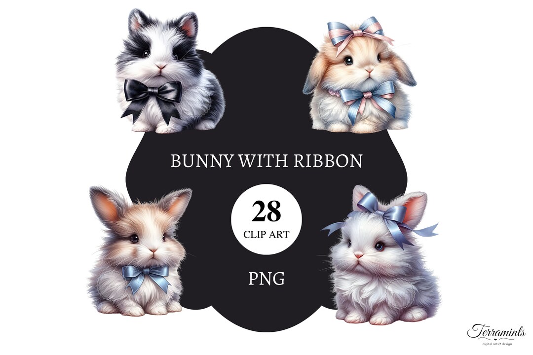Bunny With Ribbon Clipart PNGS Commercial Printable Graphics Card ...