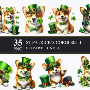 St Patrick's Corgis Set 1 | Clipart PNG | Gewerblich | Druckbare Grafiken | Kartengestaltung | Sublimationsdruck | Serviettentechnik | Digital | Hund | PNG