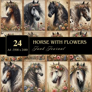 Pferd mit Blumen | DIN A4 | Junk Journal Seiten |  Kartengestaltung | Scrapbooking | Serviettentechnik | Digital | Pferde | Ephemera