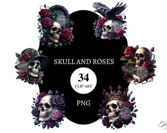 34 Skull and Roses l Clipart | Transparent PNG | Commercial License | Printable | Card Making | Gothic | Scary | Digital