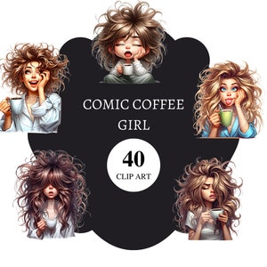 40 Comic coffee girl Clipart | transparent png | Commercial license | printable | card making | coffee pngs | quirky