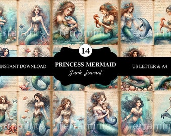 14 Princess Mermaid | | Us letter and A4 | Junk journal pages  | High resolution | scrapbooking | decoupage