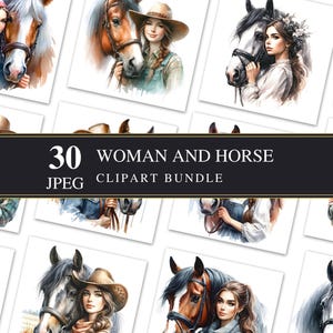 Clipart de mulher e cavalo | JPEG de alta qualidade | Comercial | Gráficos para impressão | Criação de cartões | Sublimação | Decoupage | Digital