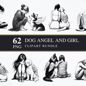 Cane Angelo e Ragazza Line Art / PNG / Commerciale / Stampabile / Creazione di biglietti / Sublimazione / Decoupage / Digitale / Clipart PNG / Perdita del cane