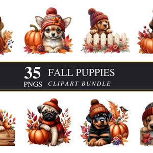 Clipart chiot d'automne PNG | 35 graphiques de chien d'automne | Fabrication de cartes | Sublimation | Artisanat | Imprimable | Transparente | Utilisation commerciale